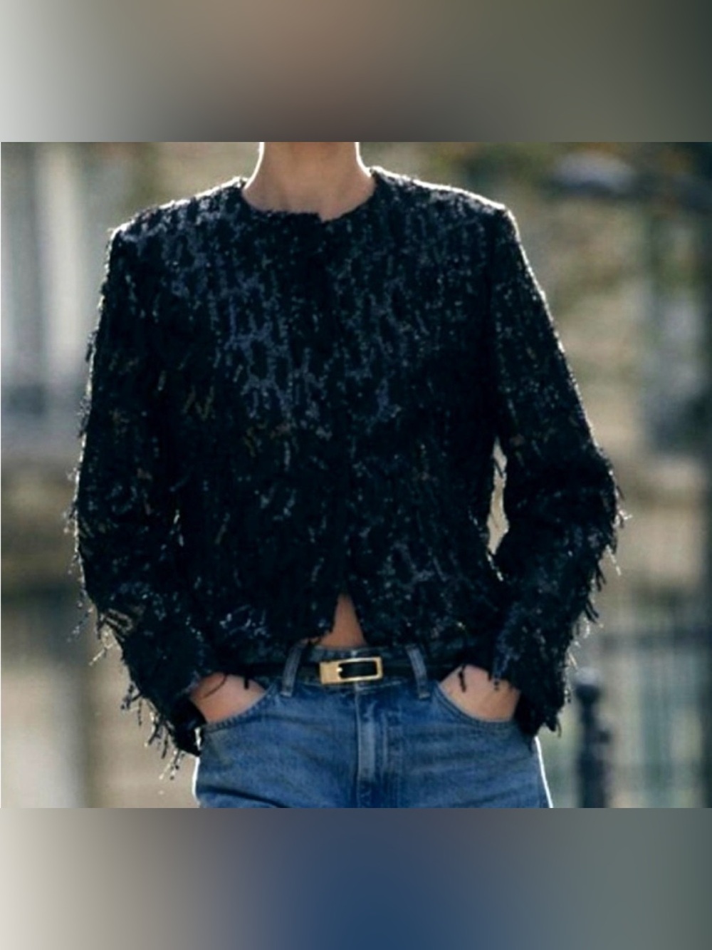 Zara Black Sequin Fringe Jacket